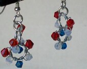 Patriotic Earrings Double Hoop Dangle with Swarovski Crystals in Red White and Blue Sterling Silver