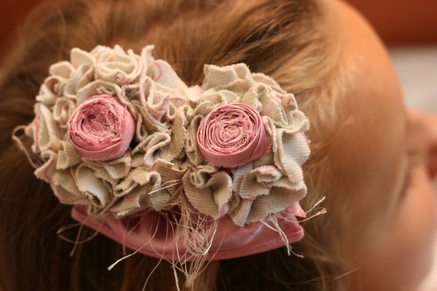 vintage inspired upcycled children flower hair piece - photo prop - pink and gray hair clip fabric flower flower girl rosette