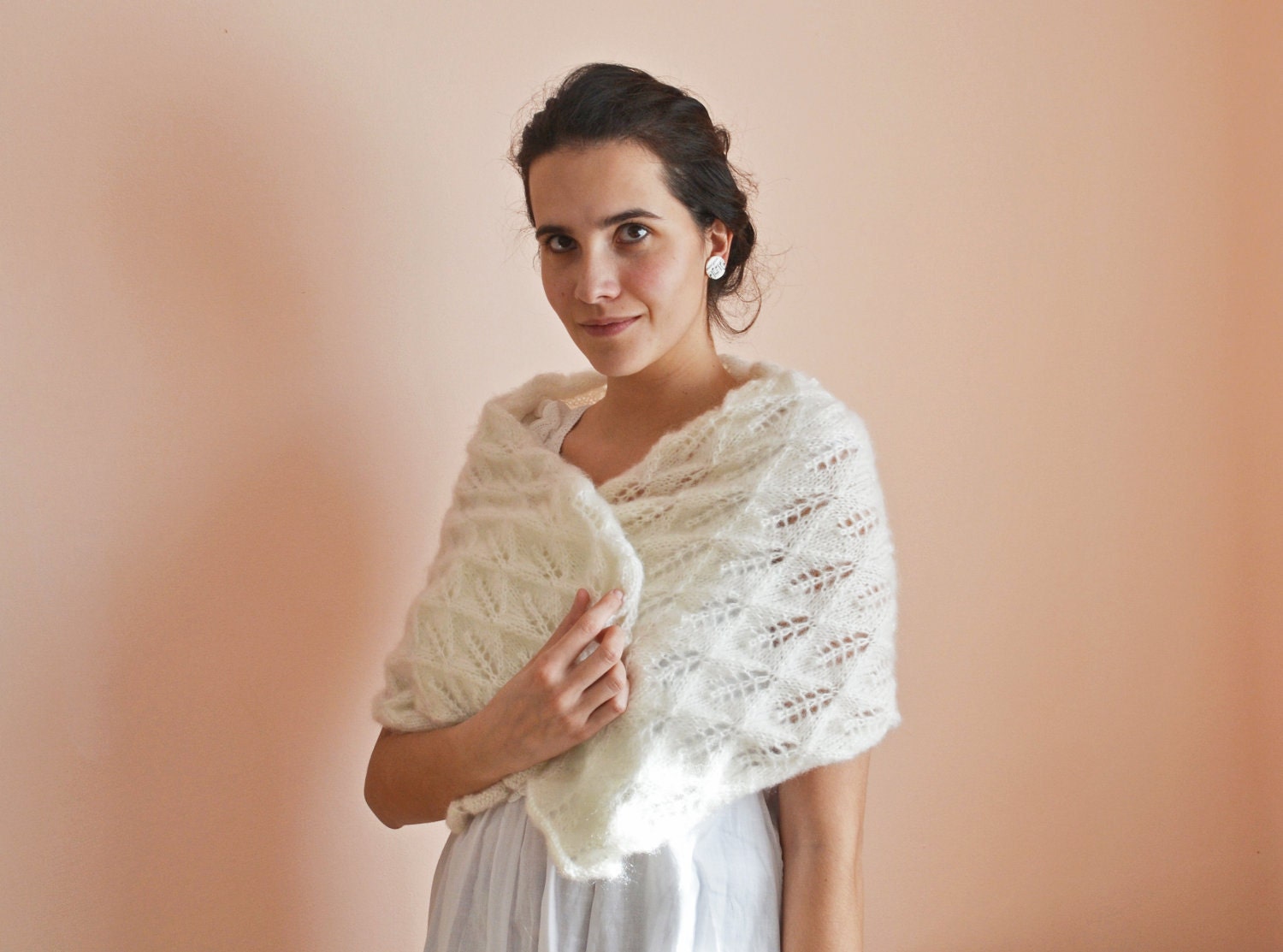 Cream - hand knitted lace shawl - mohair silk