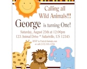Safari Invitation - Brown Stripes Jungle Animals, Elephant, Lion and Giraffe Personalized Birthday Party Invite - a Digital Printable File