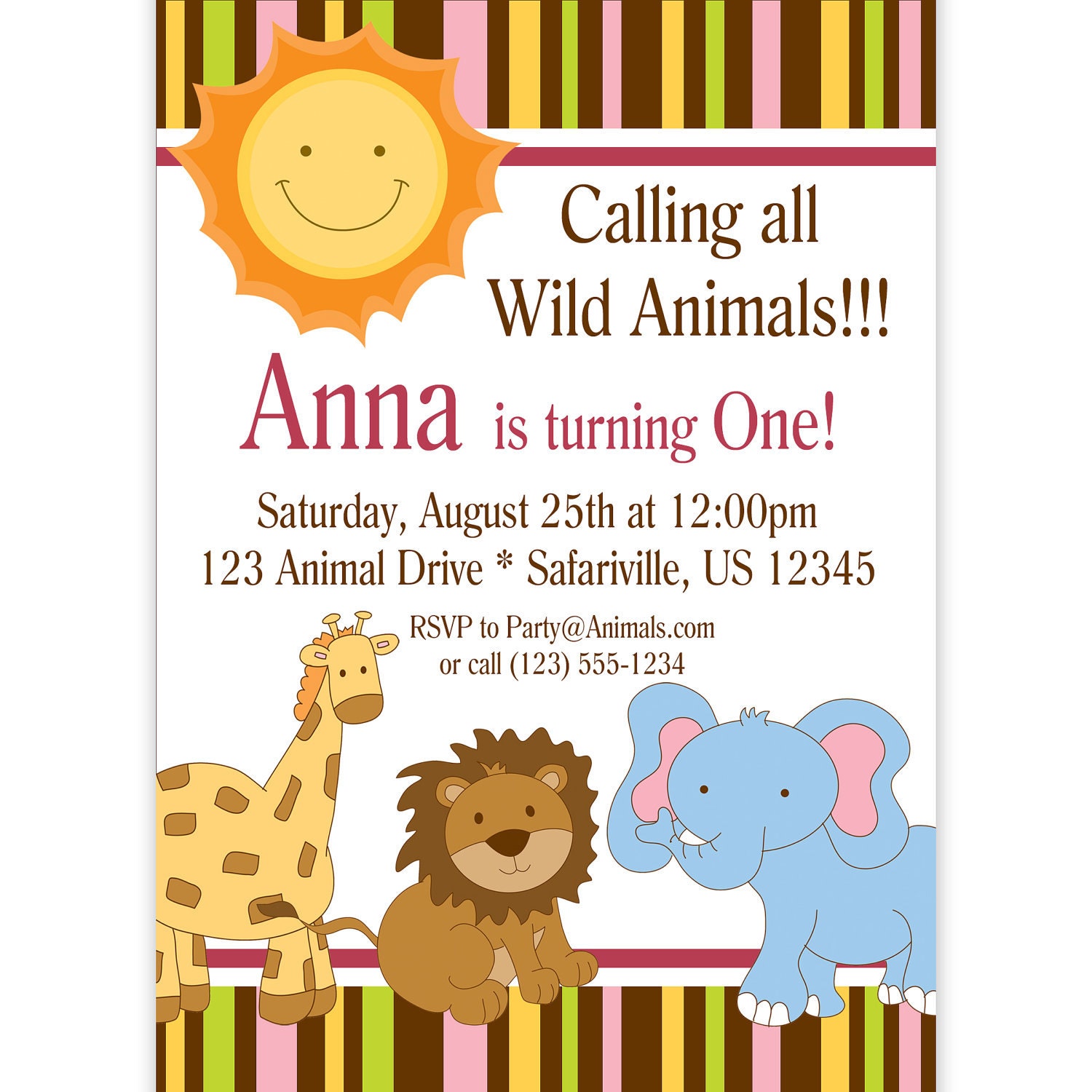 Safari Invitation - Pink and Brown Stripes Jungle Animals Personalized Birthday Party Invite - a Digital Printable File