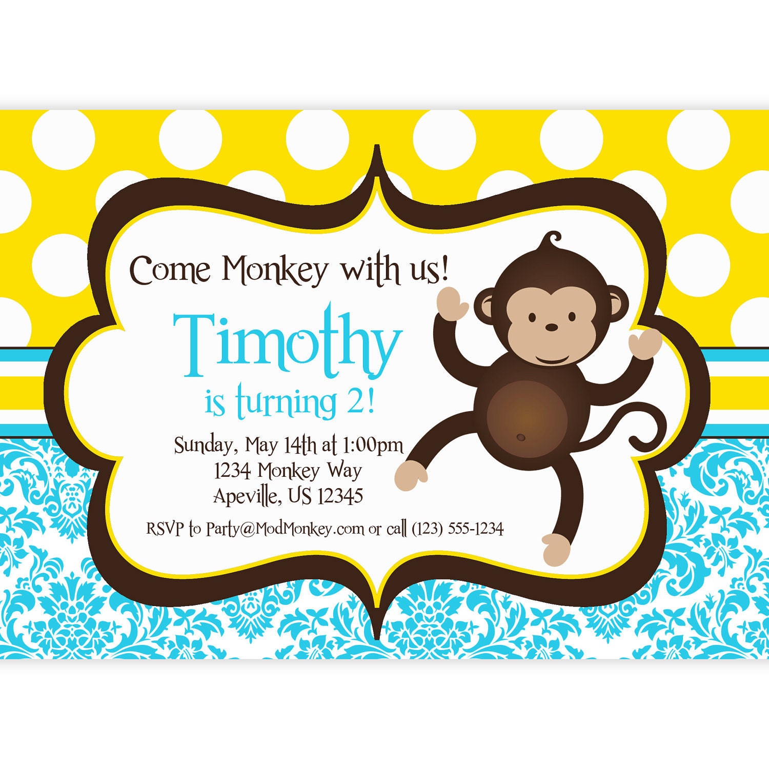 Mod Monkey Invitation - Blue Damask and Yellow Polka Dots Boy Mod Monkey Personalized Birthday Party Invite - a Digital Printable File