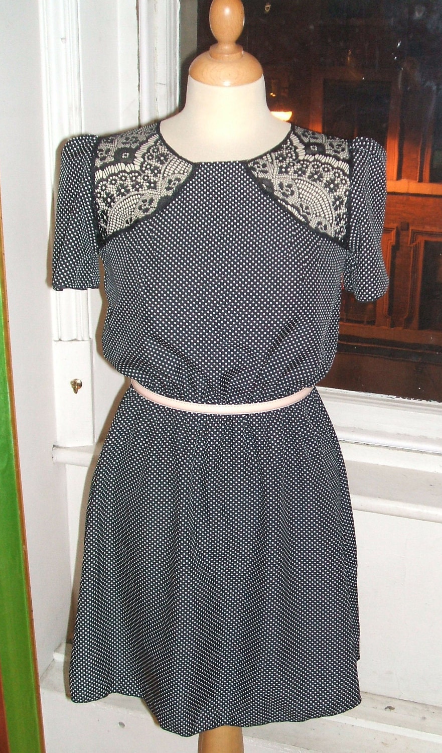 Baylis & Knight Black Polka Lace Top TEA Dress Short Sleeved 40's Classic Retro Vintage
