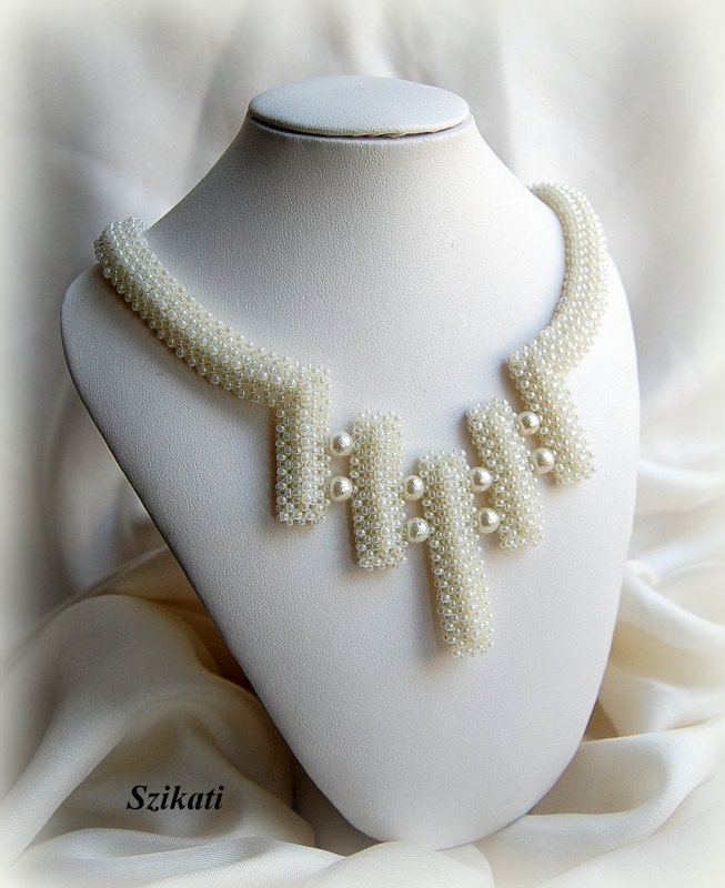 Beaded pearl necklace, seed bead jewelry, bridal jewelry, OOAK jewelry