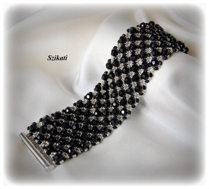 Beaded black silver bracelet, elegant unique design, OOAK