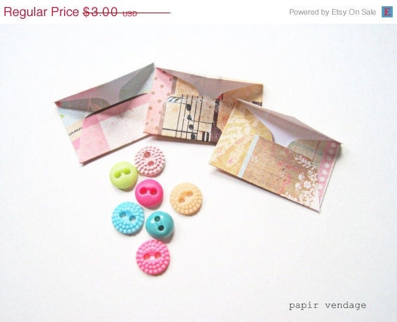 CIJ SALE 10 Mini Envelopes in Vintage Whimsy, Set of 10 -- Shabby Chic, Wedding Reception, Special Notes, Party Favors, Scrapbook Delights