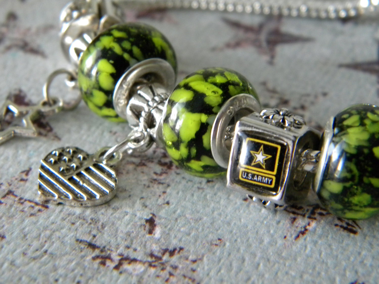 Army Murano European Bracelet - Army "Gone Green"  Logo Murano glass bead and european charm bracelet