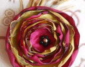 Fabric Flower, Hair Clip or Brooch, Burgundy and Gold Satin with Gold Tulle, Black and Gold Beads,  and Feathers