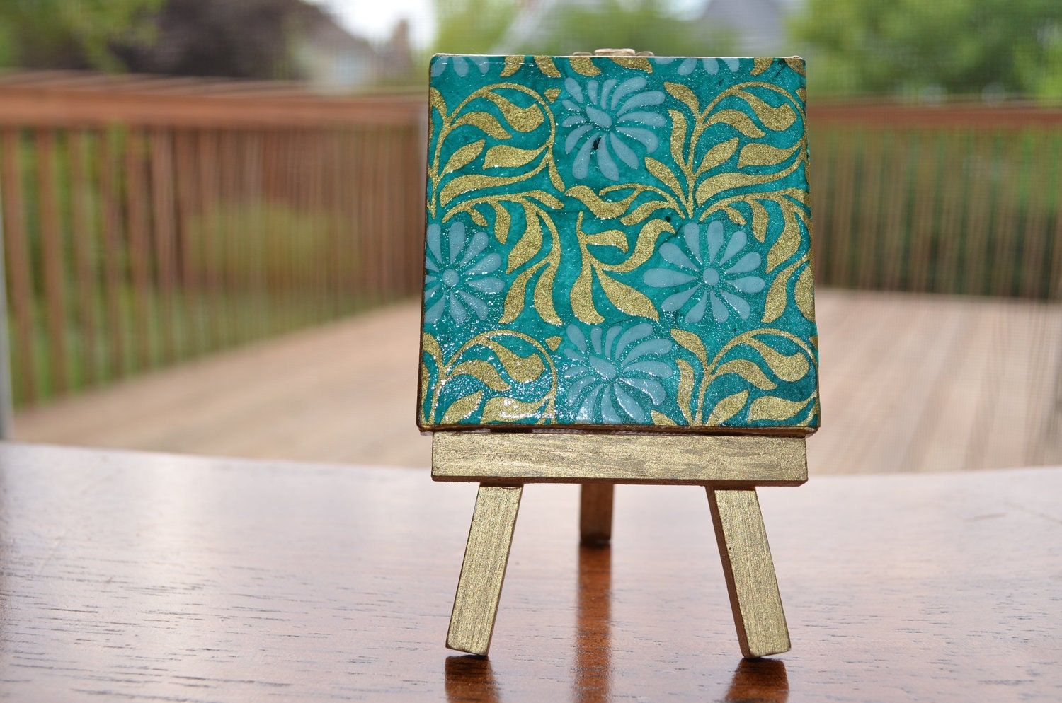 Daisies Turquoise on Mini Canvas with matching Gold Easel, Painted Daisies on Small Canvas, Mini Art Canvas