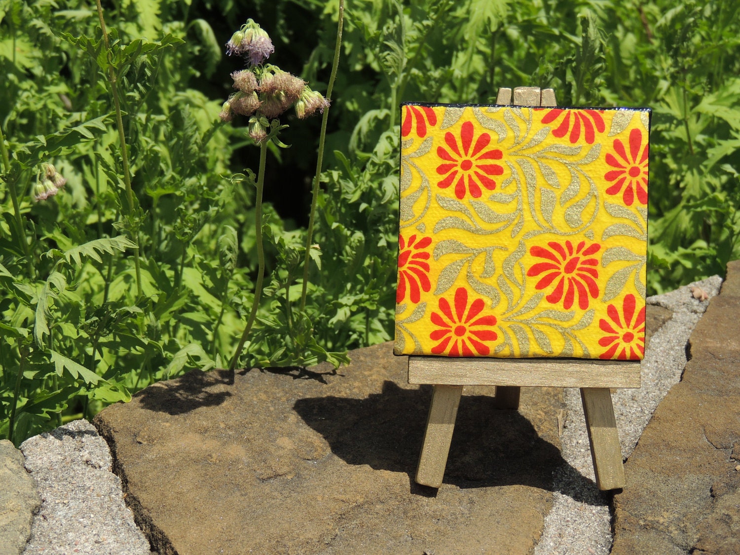 Red Daisies in Gold on Mini Canvas with matching Gold Easel