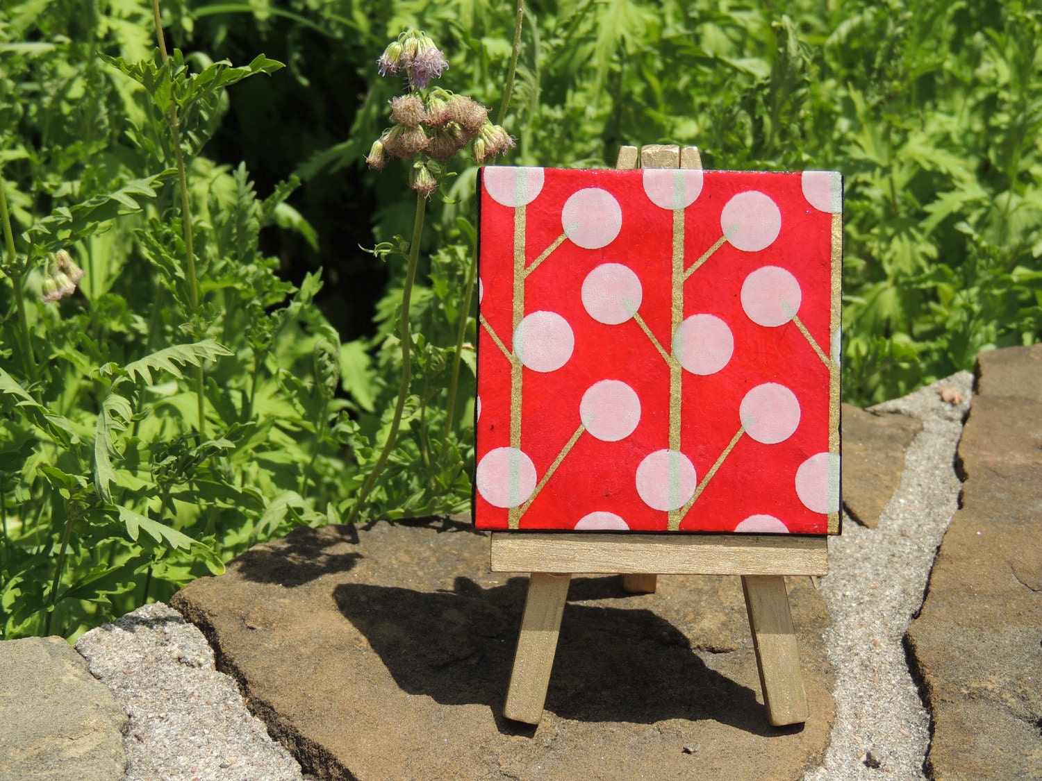 Urban Trees Red on Mini Canvas with matching Gold Easel