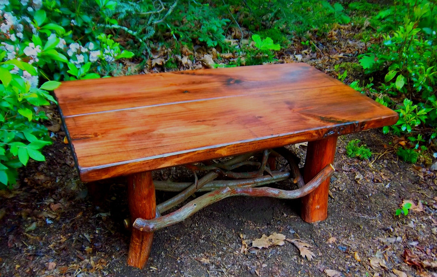 Rustic Handmade Mountain Laurel and Red stained pine Coffee Cocktail 50" Table Log Cabin Furniture by J. Wade