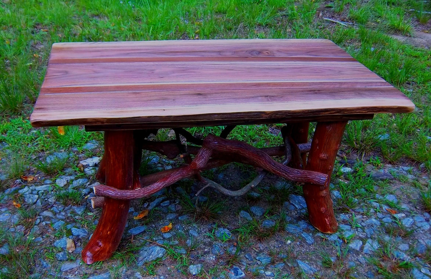 Rustic Handmade Mountain Laurel and black walnut Coffee Cocktail Table Log Cabin Furniture by J. Wade Free Shipping