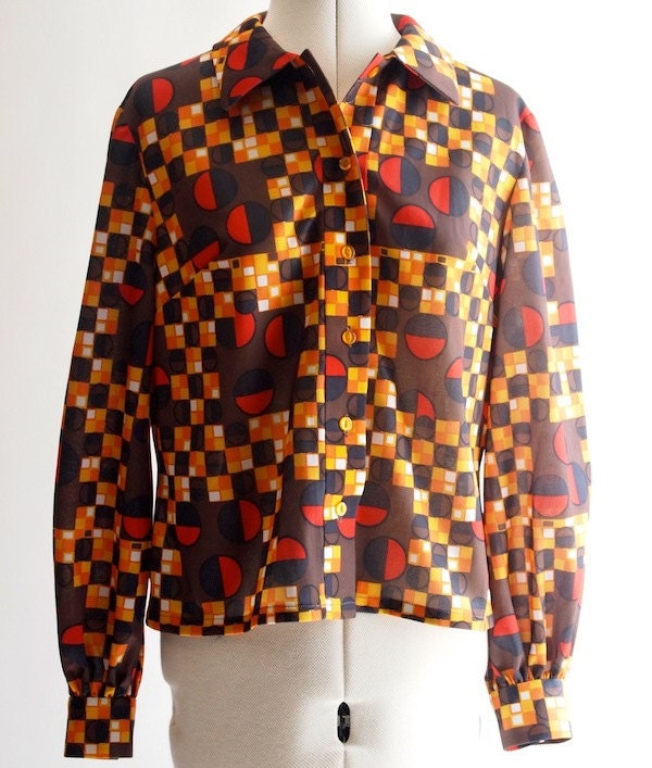1970's crimplene shirt with geometric pattern.  Handmade, size 12