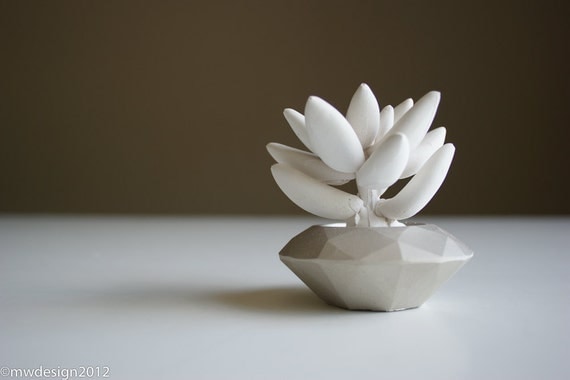 White Succulent Sculpture, Modern Nickel Faceted Geometric Container, Desktop, Tabletop Centerpiece