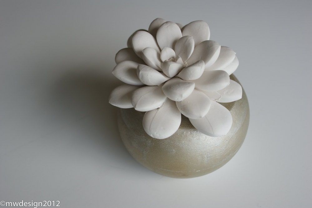 Modern White Succulent Sculpture in Round Champagne Container, Tabletop Centerpiece, Desktop Accessory, Home Decor