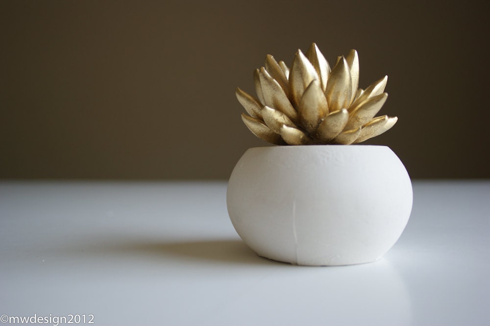 Gold Succulent Sculpture, White Modern Round Container, Tabletop Centerpiece, Desktop Accessory