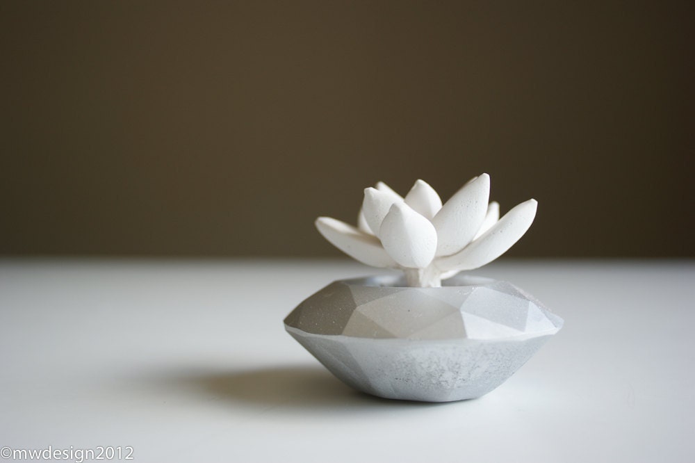 White Succulent Sculpture, Modern Silver Faceted Geometric Container, Desktop Accessory, Tabletop Centerpiece
