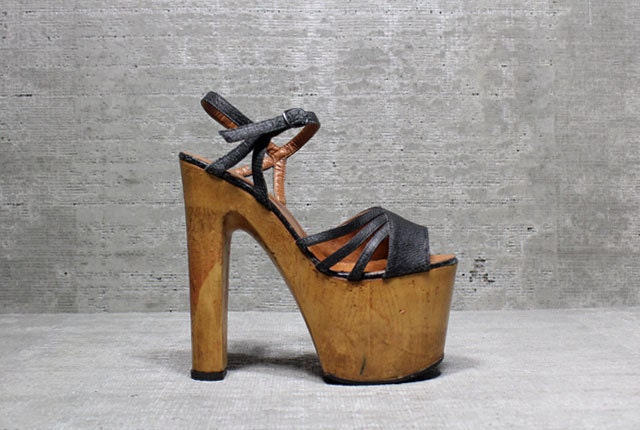 Vtg 70s Glam Leather Wood Monster Platform Sky High Sandals 5- 5.5
