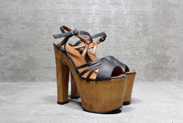 Vtg 70s Glam Leather Wood Monster Platform Sky High Sandals 5- 5.5