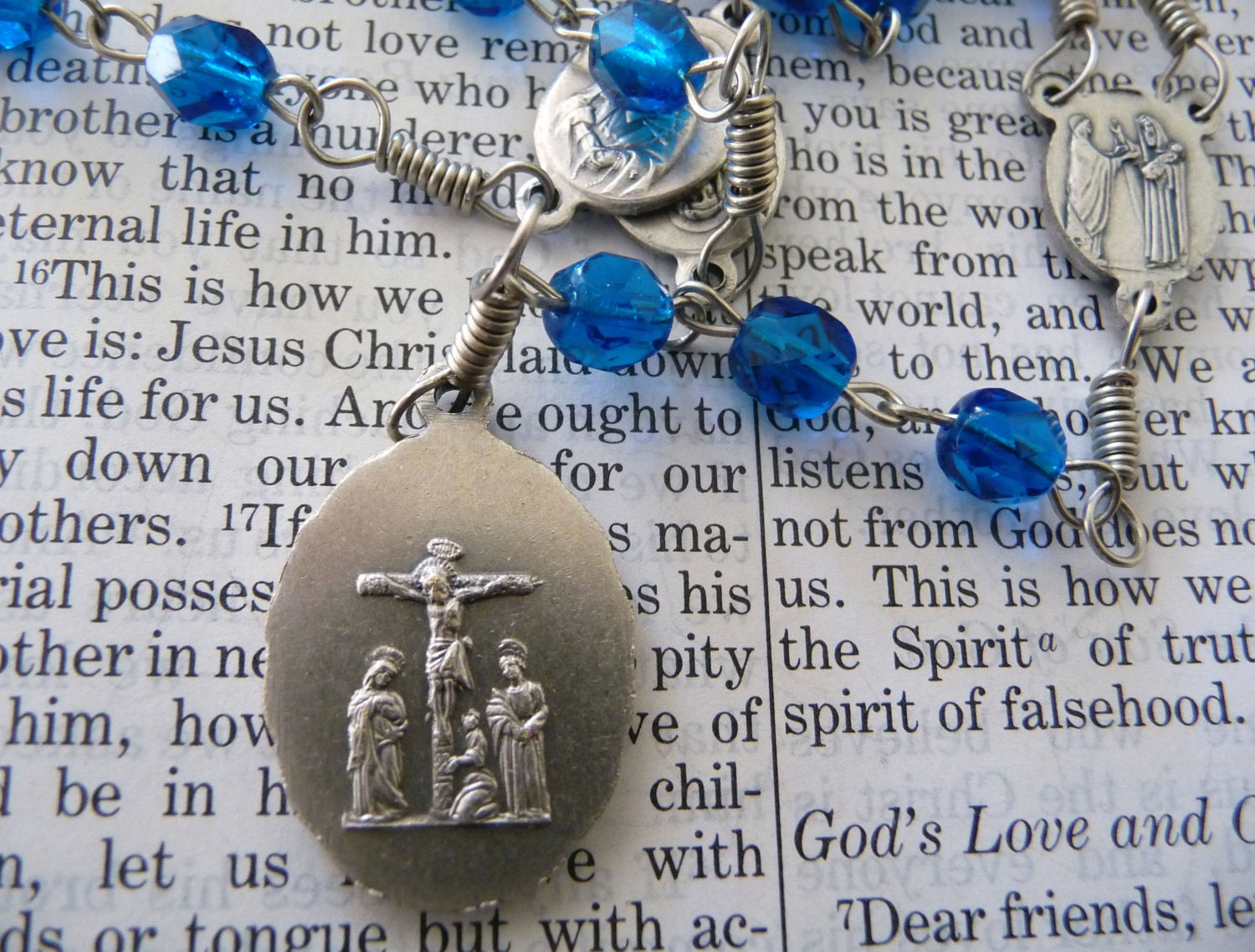 Chaplet of the Seven Sorrows of Mary - blue fire-polished glass