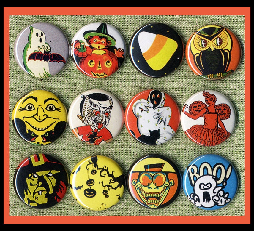9 HALLOWEEN vintage things 1" inch buttons, medallions or magnets SET C