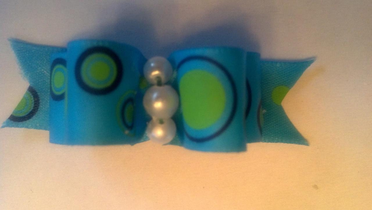 Dog Bow Blue with Green Circles. Size 5/8