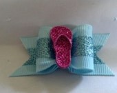 Dog Bow, Light Blue with Glitter, Pink Glitter Sandel. Size 7/8