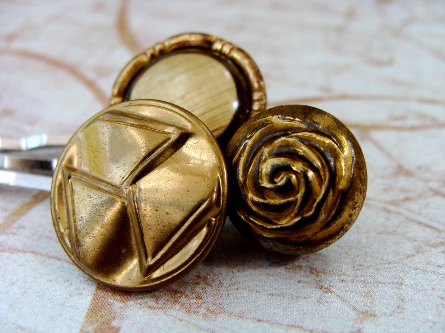 gold button bobby pins with vintage metallic buttons