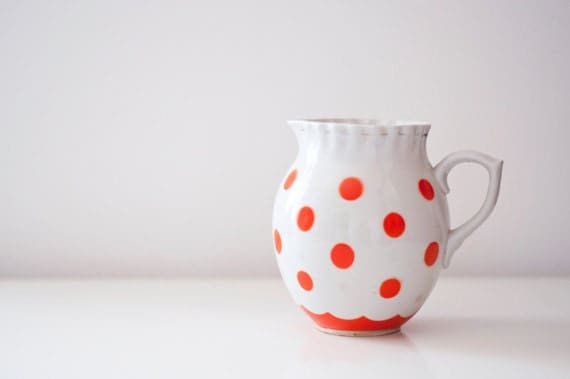 Vintage ceramic pitcher - coral polka dot - made in Soviet Union
