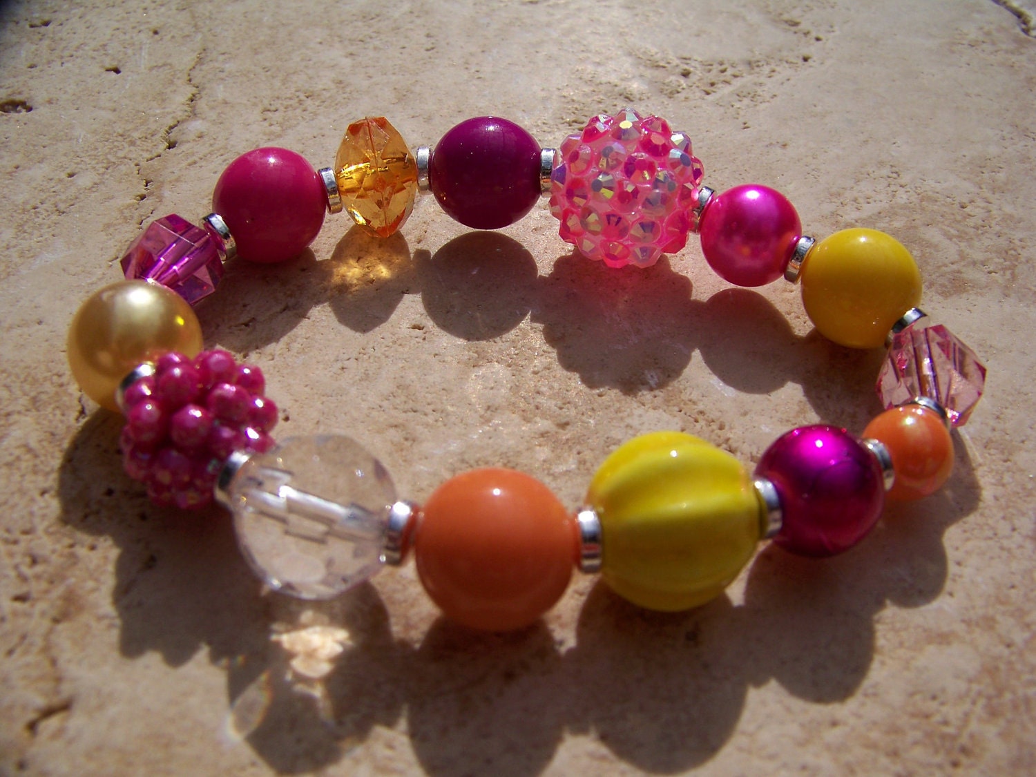 Pink, orange and yellow summer bracelet, pink orange yellow bracelet, bright pink bracelet, pink orange yellow crystal bracelet