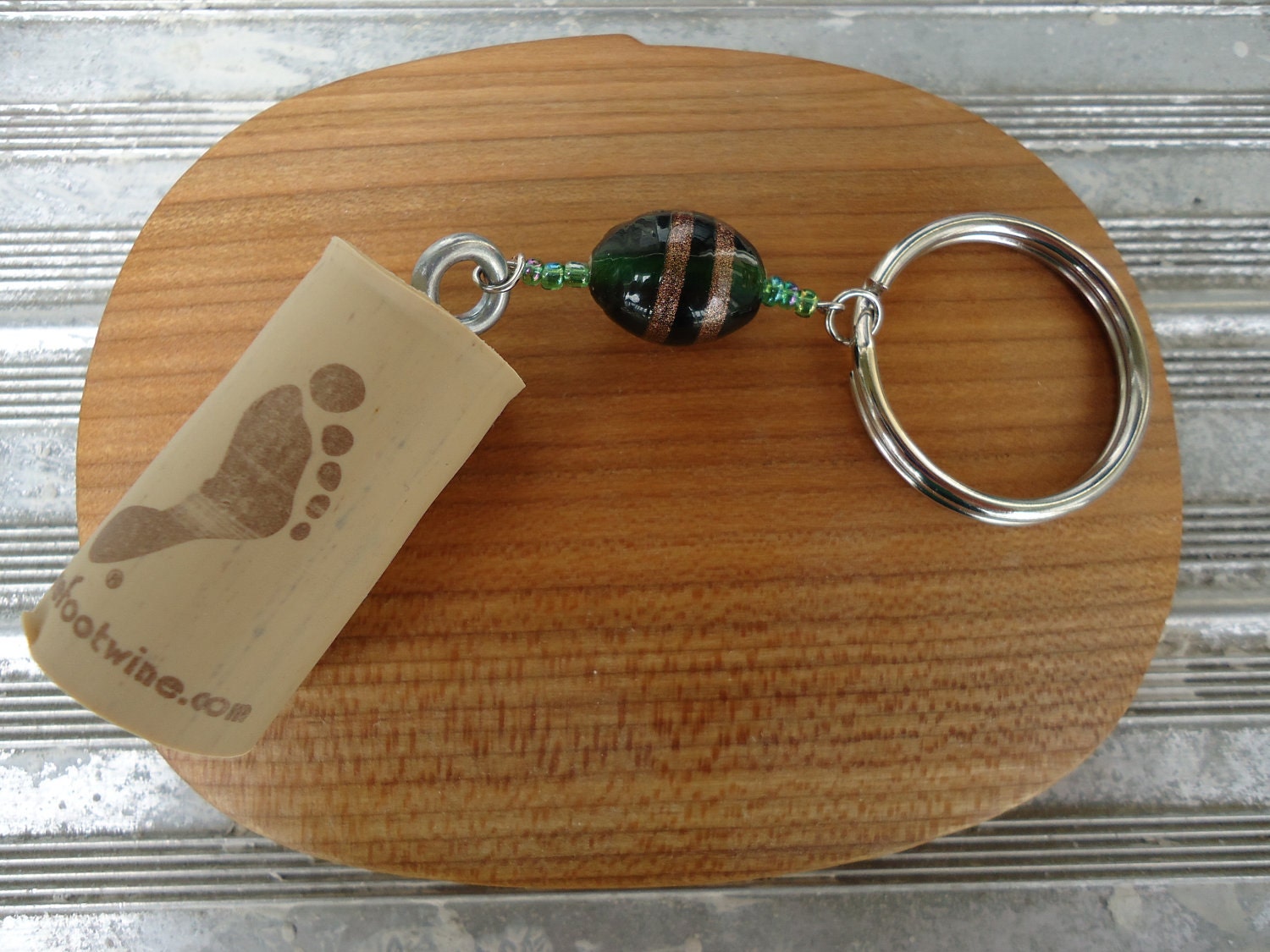 Wine Cork Key Chain with Green and Gold Stone & Beads