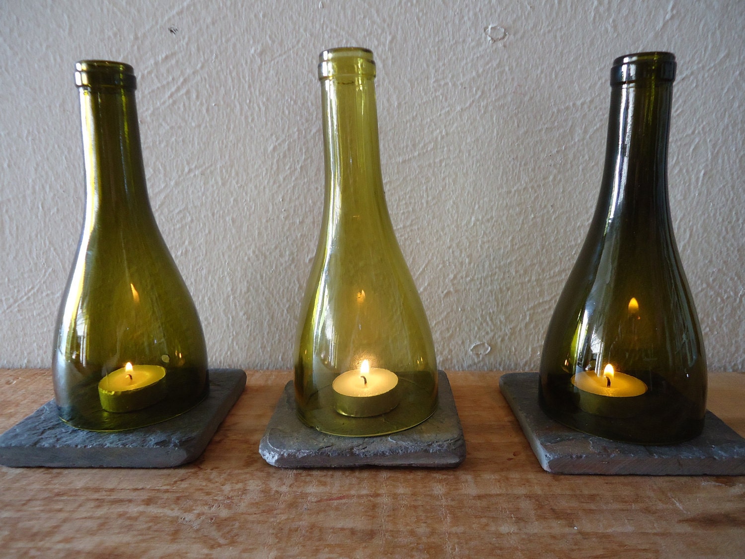 Tea Light Candle Holders Hurricane Lamps Lanterns made from Upcycled Wine Bottles Large Quantities Available