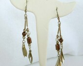 Bronze & Pearlescent Beads w Dangling Feathers 1980's Retro Earrings for Pierced Ears