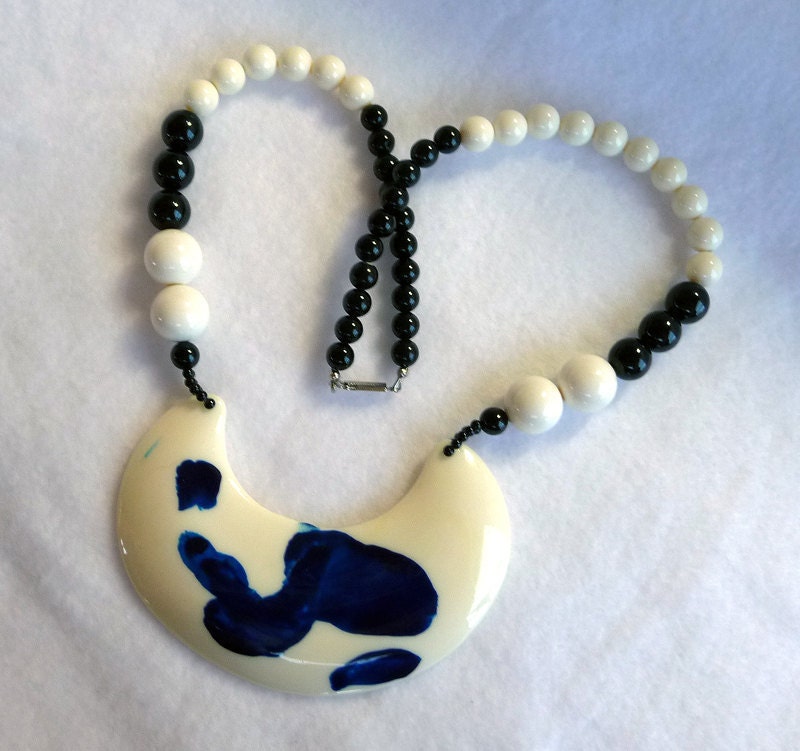 Chunky Abstract Necklace 1980's Retro Black & Blue Upcycle Recycle