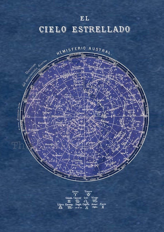 Celestial Chart  Stars Southern Hemisphere Constellations Print  Vintage Image