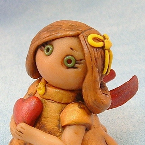 Art Doll, Heart, Pixie Fairy Fantasy Yellow Ribbon in Her Hair Art Doll Miniature