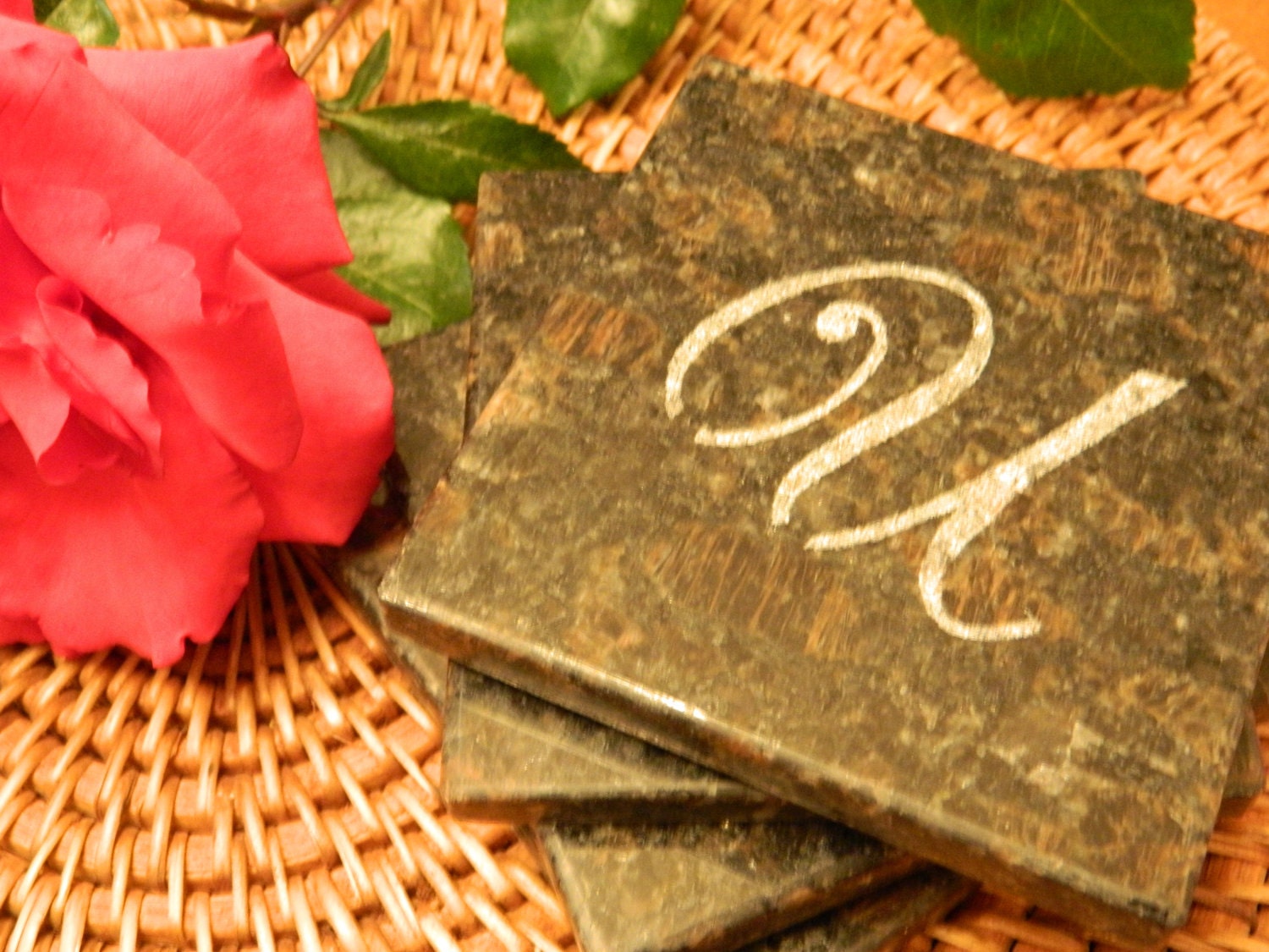 Custom GRANITE COASTERS Etched In Stone - Set of 4 - with Personalized Initial - U - Tan BROWN