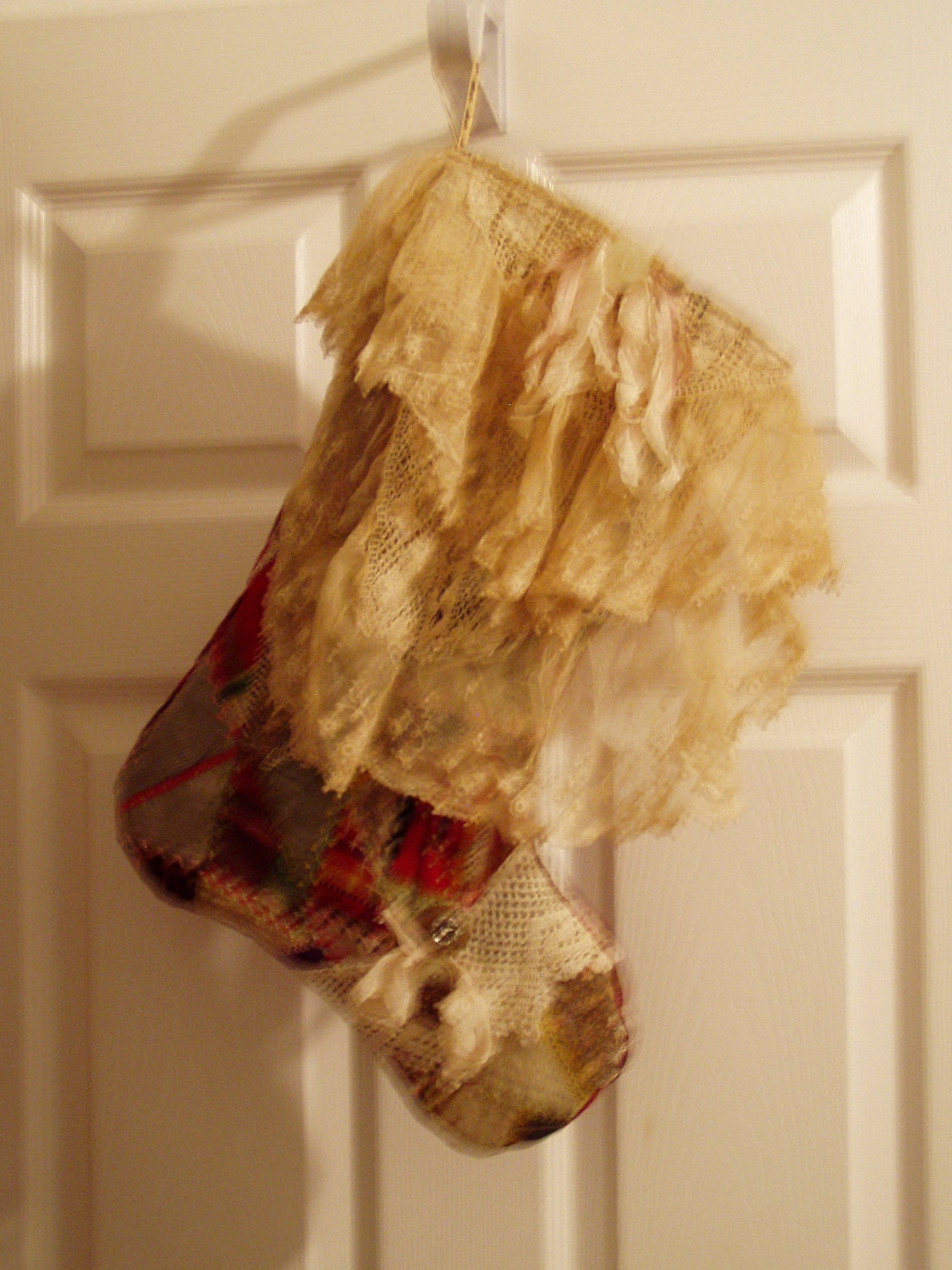 WAS 58.50 -Handmade Christmas Stocking - Vintage Crazy Quilt, Doilies, Lace, Buttons