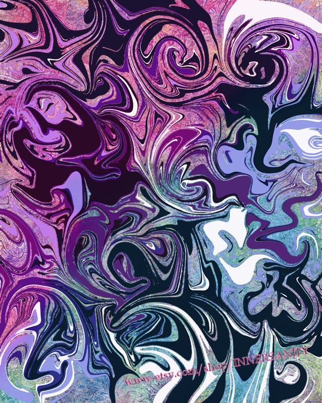 Abstract Art, Psychadelic, Painting, Digital Art, Black, Purple, Aquamarine, "the Merging", 8x10, Fine Art Print