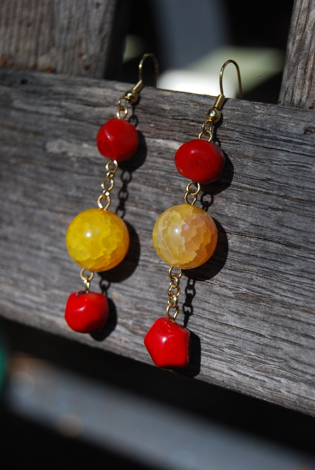 Red Coral & Yellow Agate Mismatched Drop Earrings