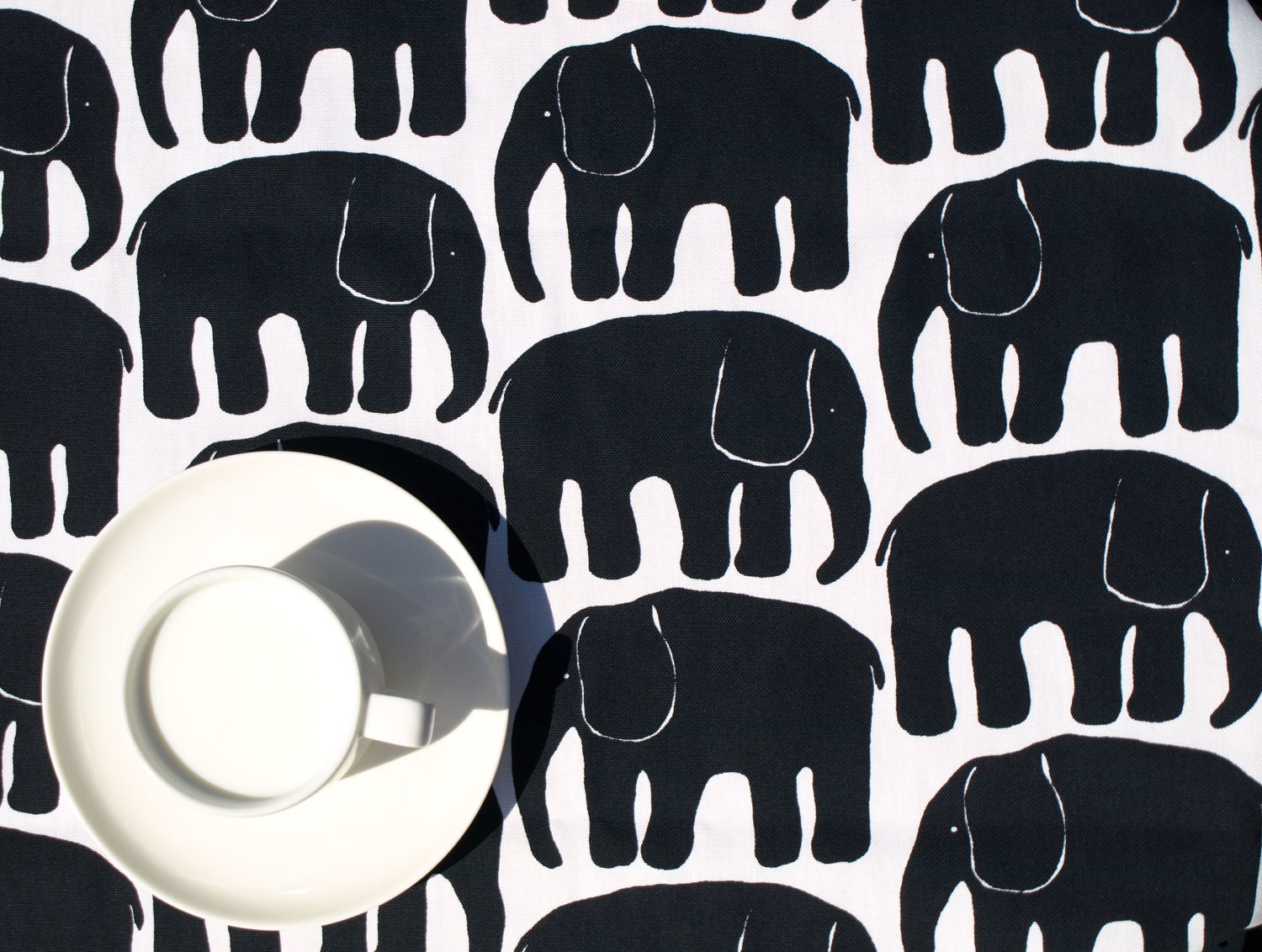 Tablecloth white with black elephants 37"x37" or made to order your size, also napkins, table runner available, with GIFT