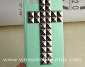 Studded Iphone 4 Case, Cross Silver pyramid studs Light Green IPHONE 4S Case----for Apple iPhone Case 4, iPhone Case 4s, iPhone 4 Hard Case