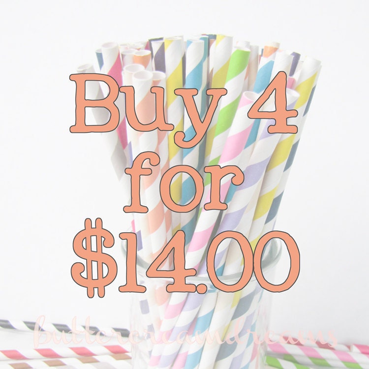Striped Paper Drinking Straws - BUY 4 - ANY COLORS - 4 Packs of 25 (100 total)