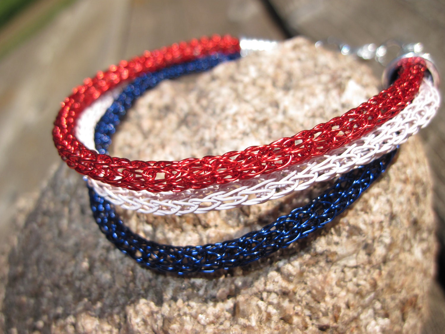 Price Reduced -- Patriotic Bracelet in Viking Knit, Red White and Blue
