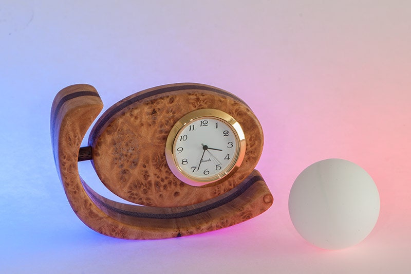 Small Wood  Desk / Mantel Clock, egg shaped, Maple Burl