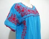Mexican Embroidered Dress Crochet Sleeves in Blue