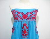 Mexican Hand Embroidered Cotton Strapless Sundress in Blue