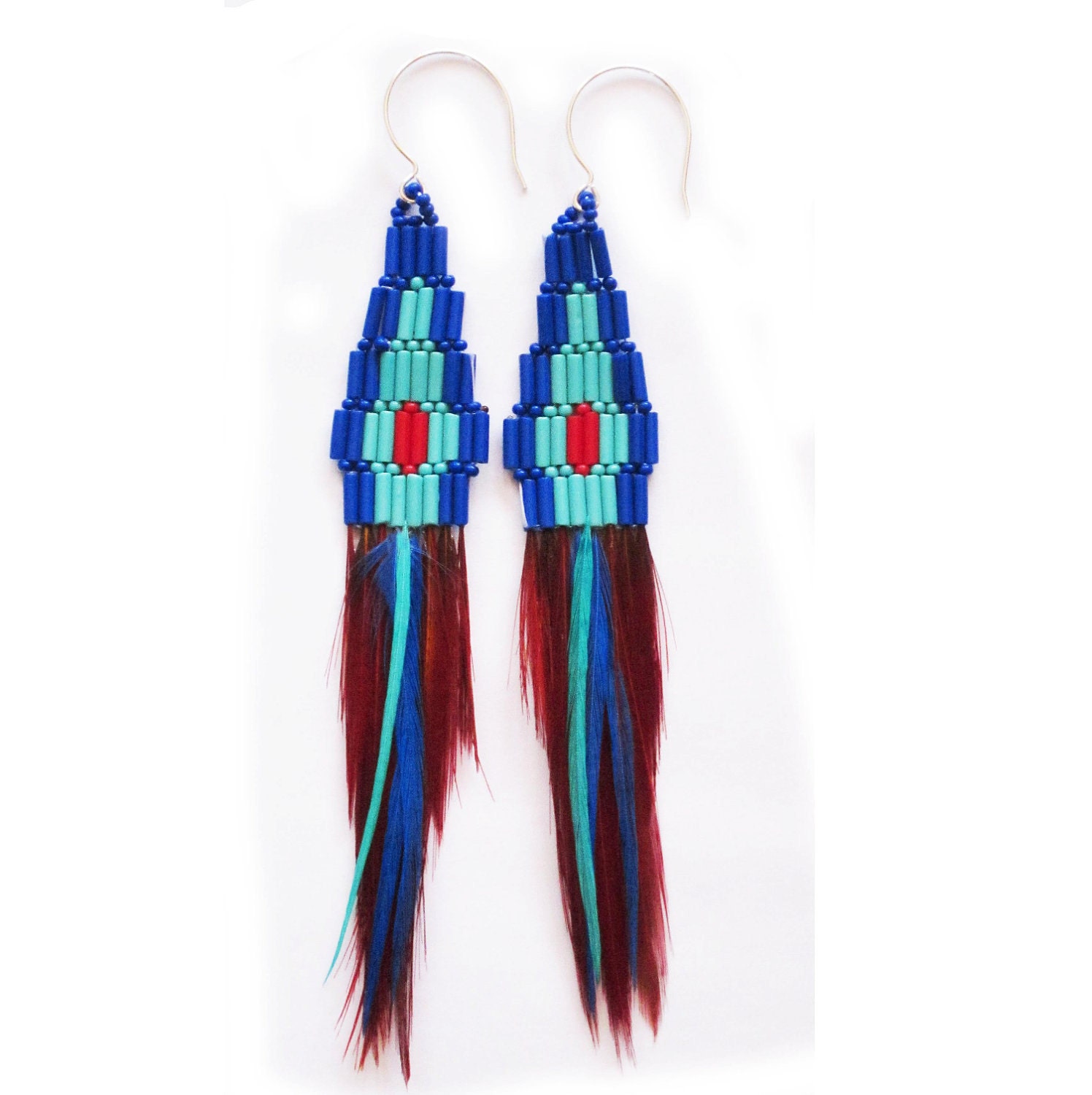 Turquoise & Cobalt Feather Beaded Earrings