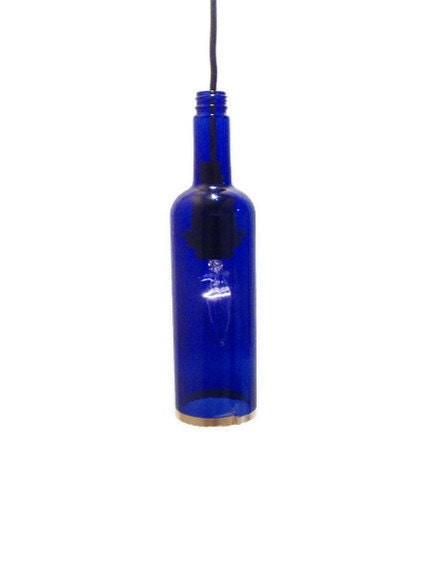 Cobalt Blue with Copper Trim Upcycled Glass Wine Bottle Pendant Light